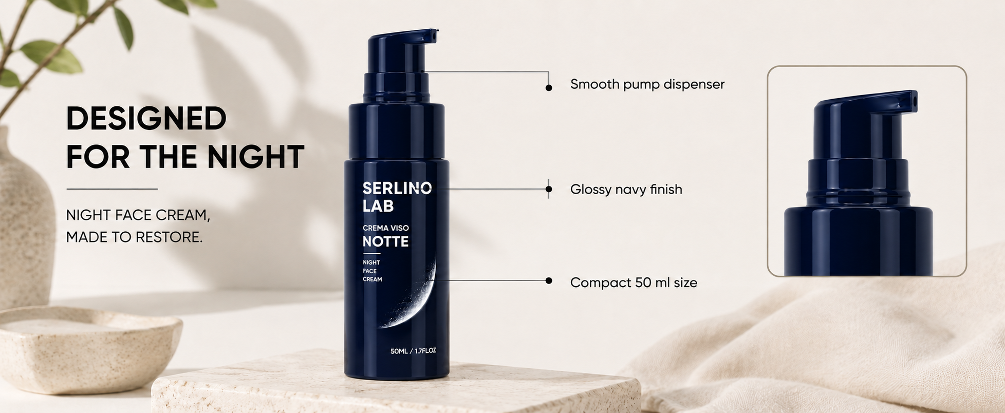 Notte pump dispenser, glossy navy finish, compact 50 ml size